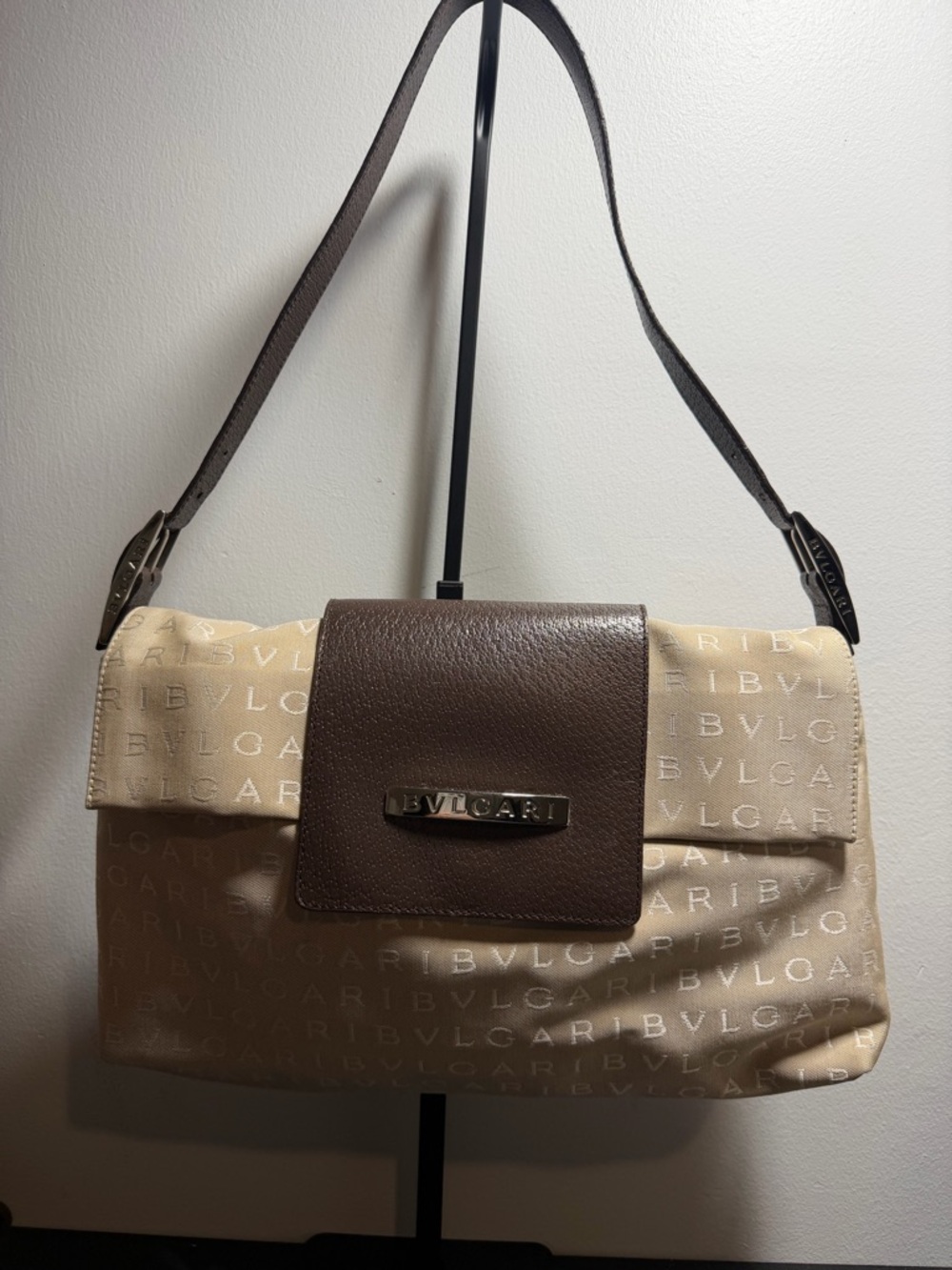 Bulgari Beige and Brown Logo Shoulder Bag with sealed COA